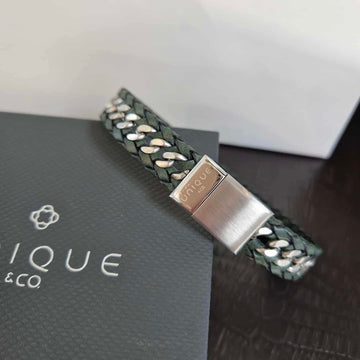 Unique & Co | Dark Green Leather Bracelet With Braided Edge and Magnetic Clasp