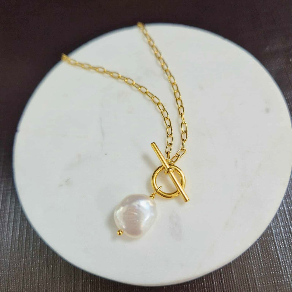 Golden Freshwater Pearl T-Bar Necklace
