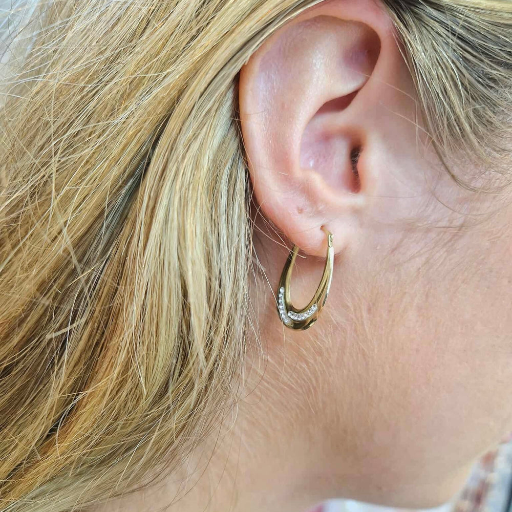 9ct Yellow Gold Oval Stone Set Creole Hoop Earrings