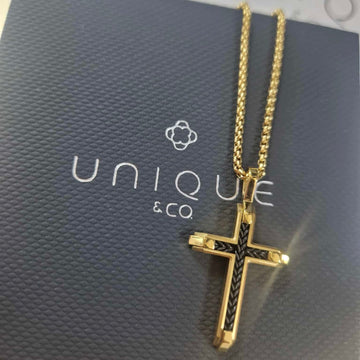 Unique & Co | Gold Stainless Steel Cross and Chain with Black IP Inlay