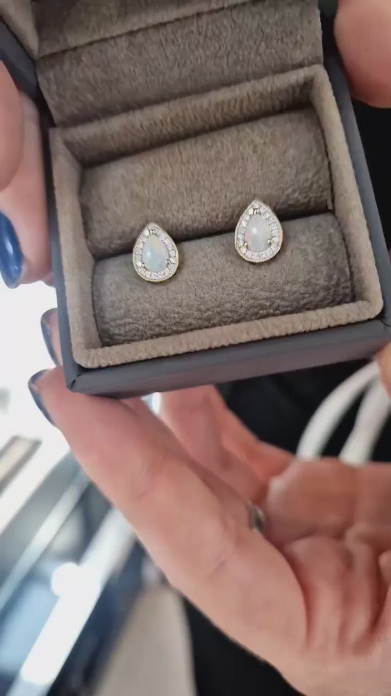 
            
                Load and play video in Gallery viewer, 9ct Yellow Gold Pear Shaped Opal and Diamond Earrings
            
        
