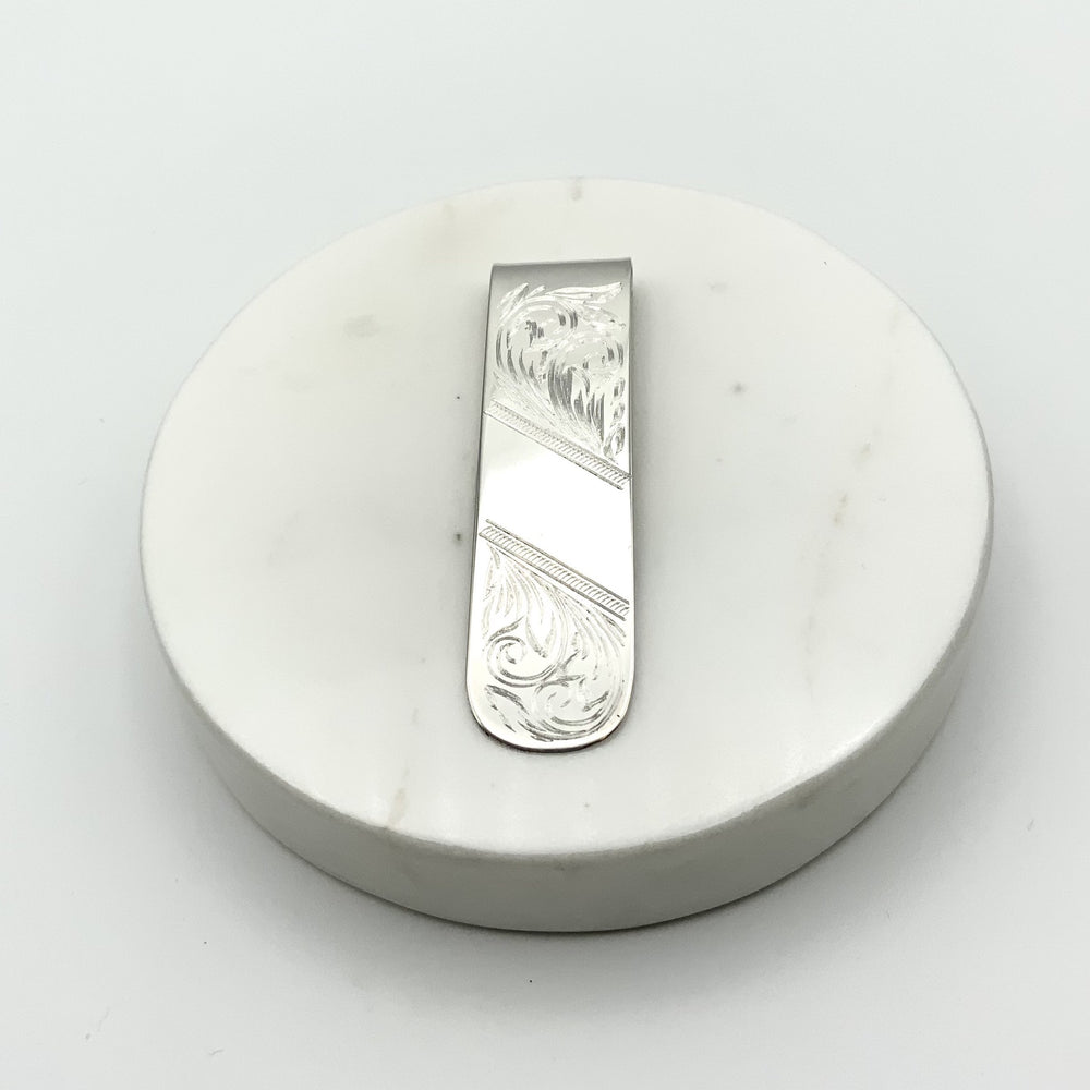 Sterling Silver Slim Money Clip With Floral Engraving