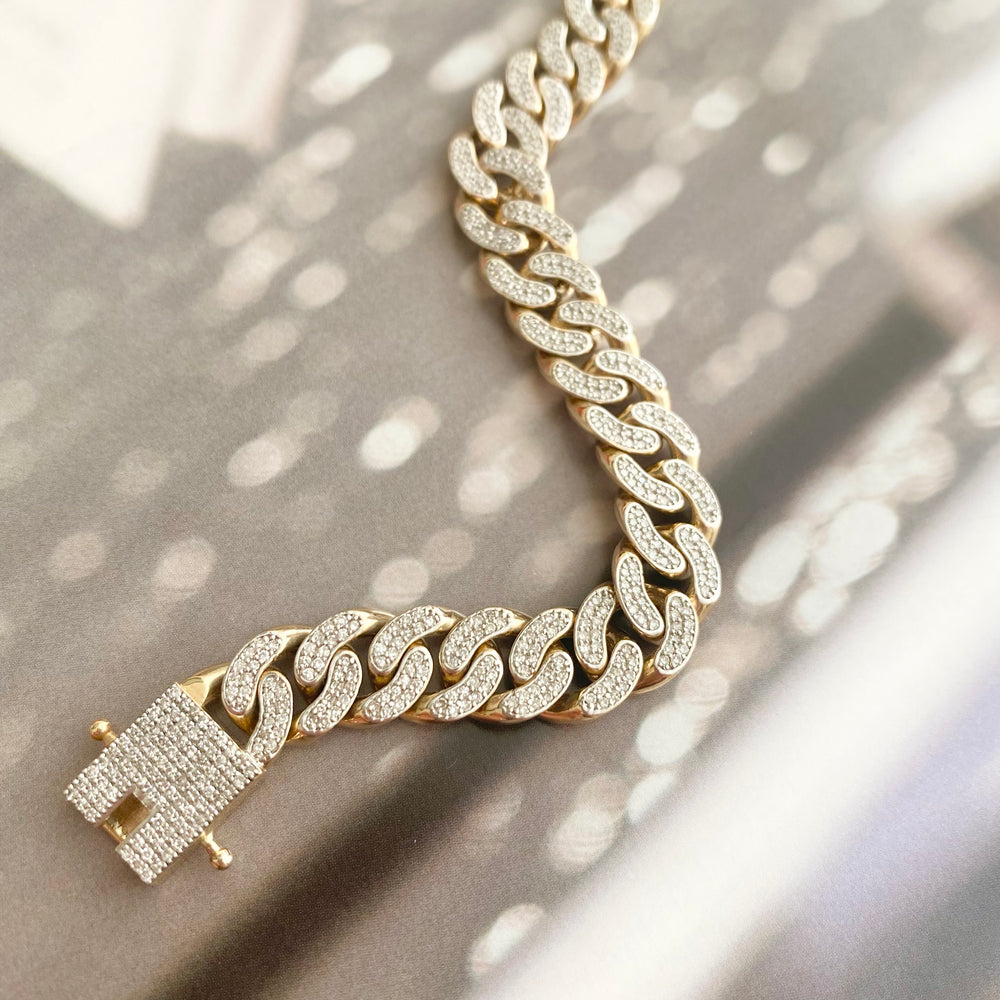 9ct Yellow Gold and Diamond Curb Chain Bracelet