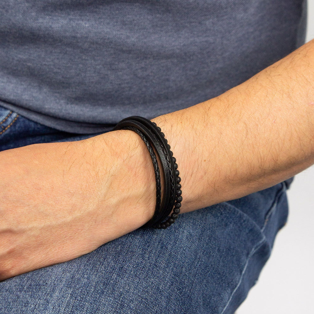 Fred Bennett | Multi RowRecycled Black Leather Bracelet With Lava Beads