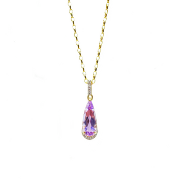 Elongated Pink Amethyst Teardrop Pendant With Diamonds On a Yellow Gold Diamond Cut Belcher Chain