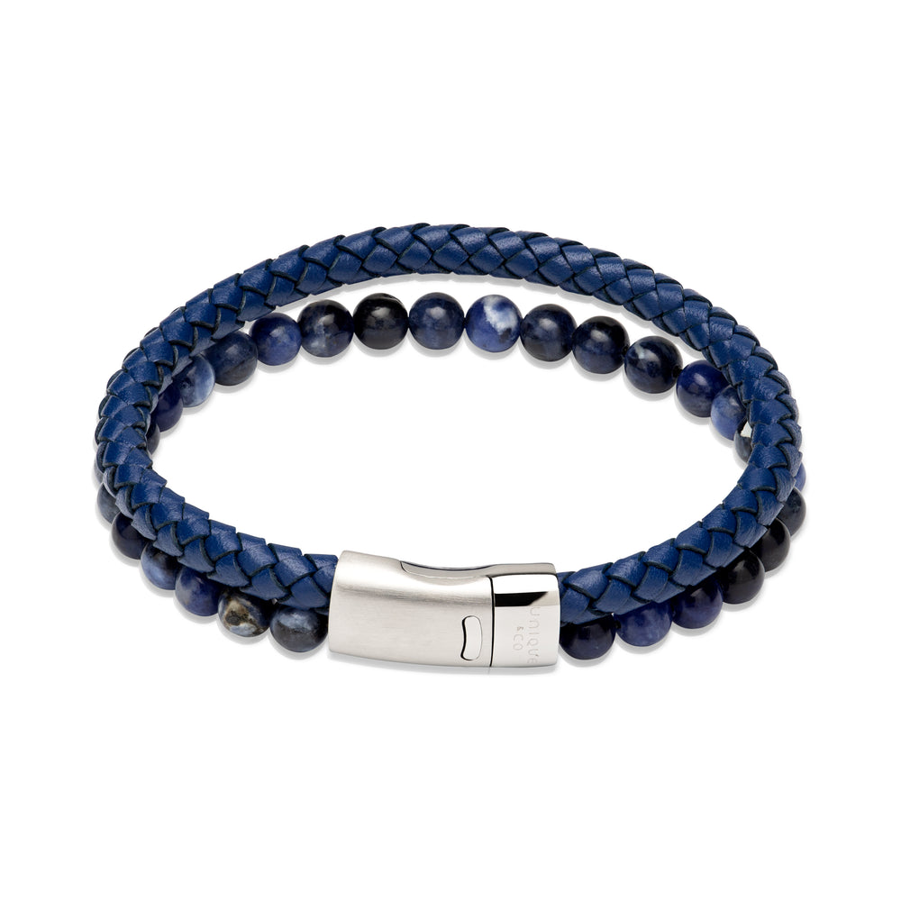 Unique & Co | Blue Leather Bracelet with Blue Beads and Steel Magnetic Clasp