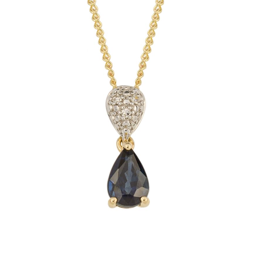 9ct Yellow Gold, Blue Sapphire and Diamond Pendant and Chain