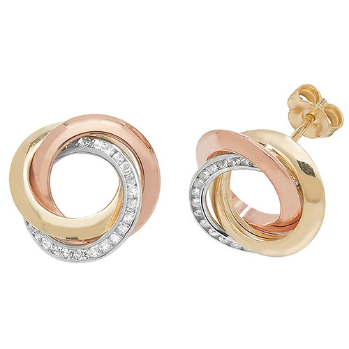 9ct Gold Tricolour Gold CZ Stud Earrings
