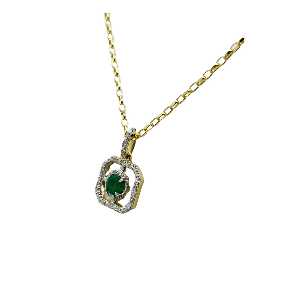 9ct Yellow Gold Diamond and Emerald Pendant And Chain