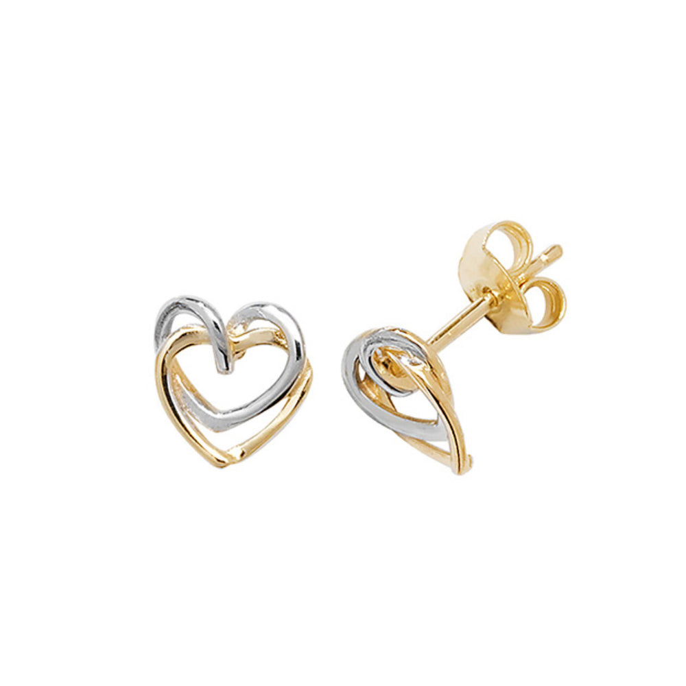 9ct Yellow and White Gold Interlocking Heart Stud Earrings