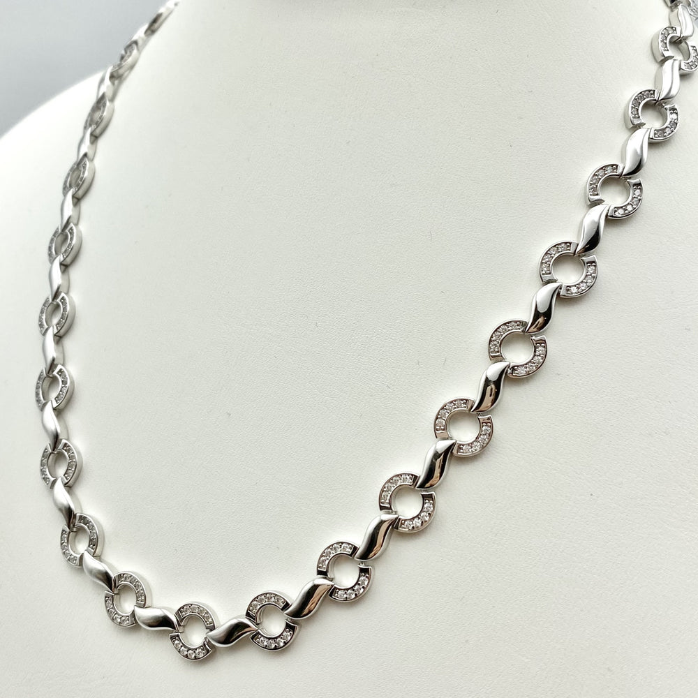 Sterling Silver Cz Circle and Wave Necklace