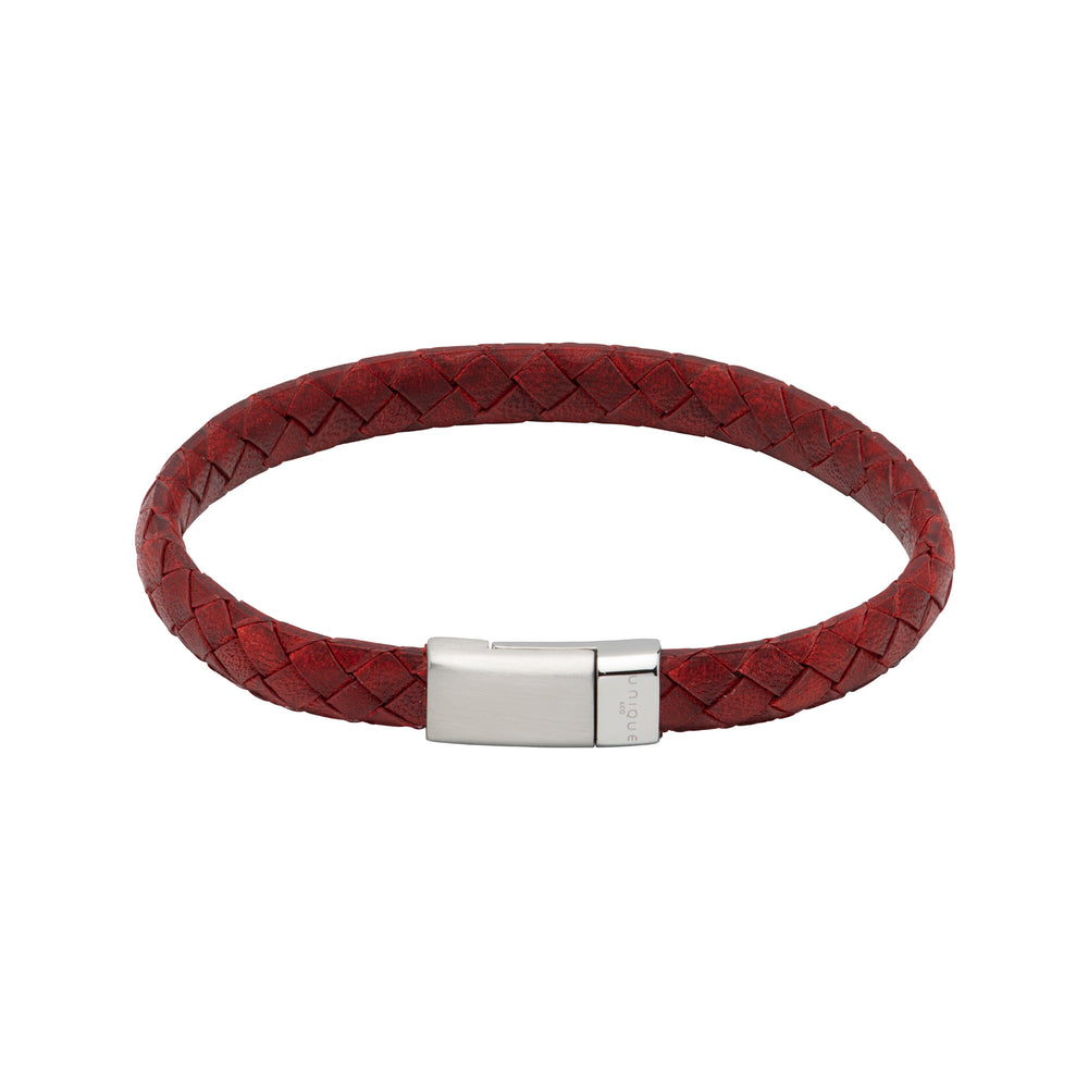 
            
                Load image into Gallery viewer, Unique &amp;amp; Co | Antique Red Leather Bracelet with Matte Polish Steel Clasp
            
        