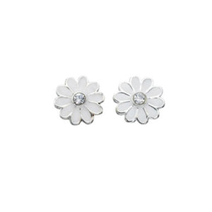 Clear Crystal White Enamel Daisy Flower Stud Earrings