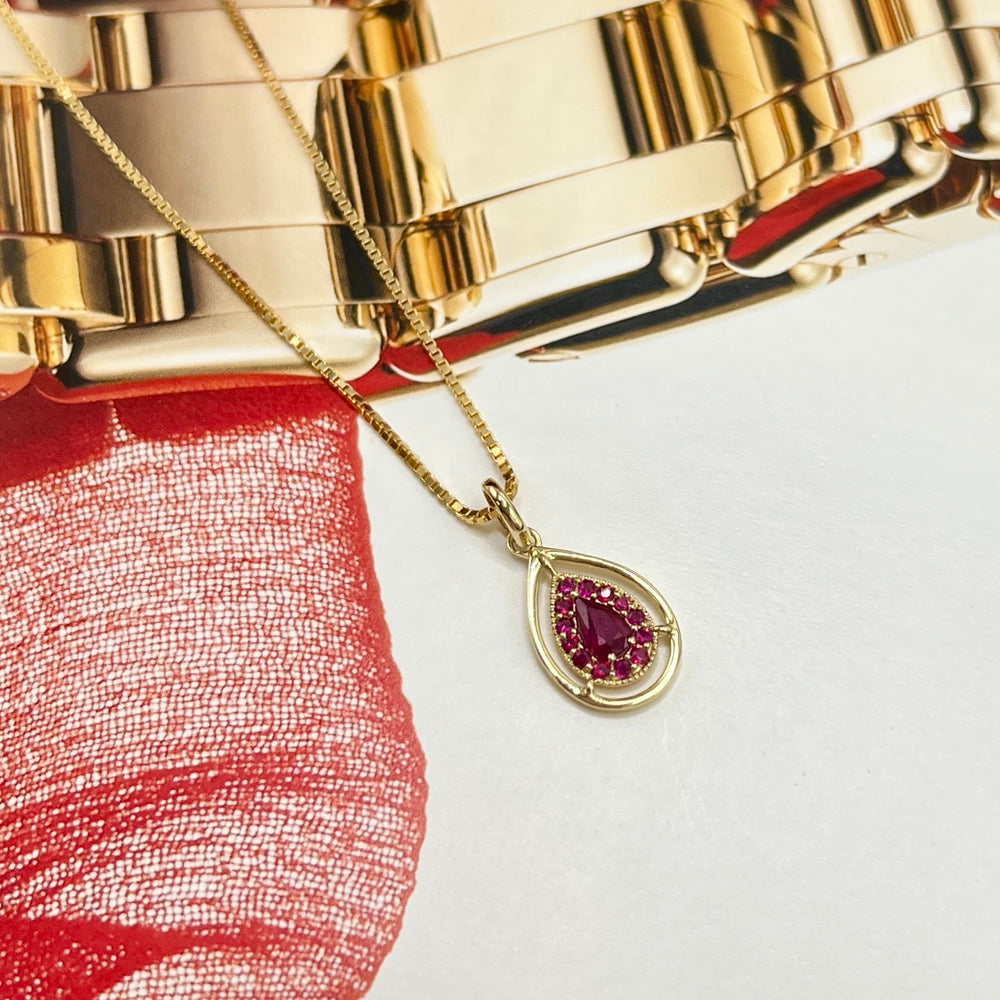 9ct Yellow Gold,  Cut Out Ruby Teardrop Pendant and Chain