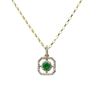 9ct Yellow Gold Diamond and Emerald Pendant And Chain