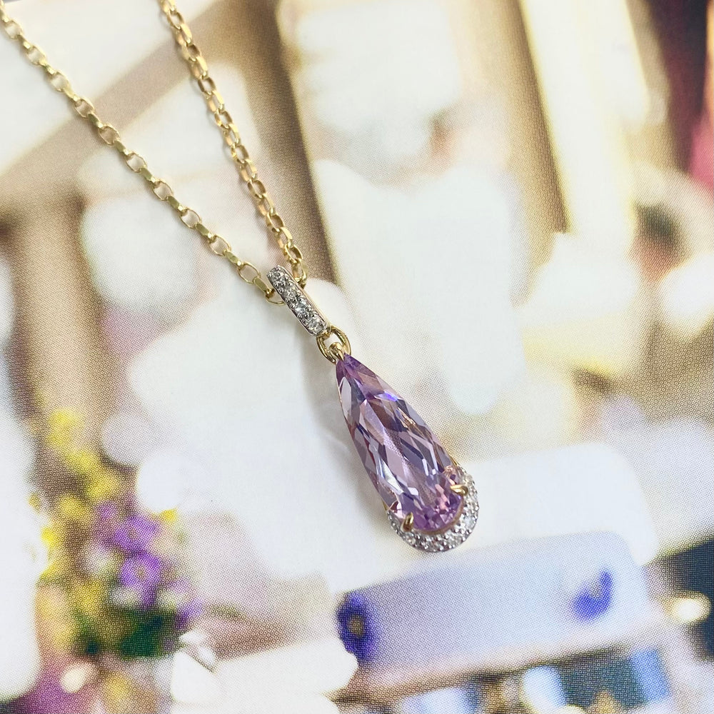 Elongated Pink Amethyst Teardrop Pendant With Diamonds On a Yellow Gold Diamond Cut Belcher Chain