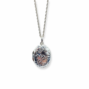 Sterling Silver Oval Flower Locket and Chain