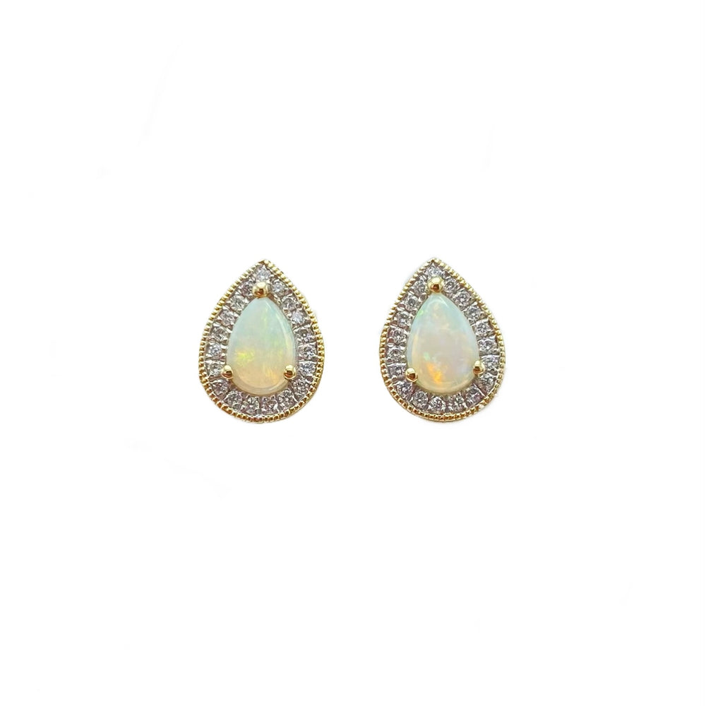 9ct Yellow Gold Pear Shaped Opal and Diamond Earrings