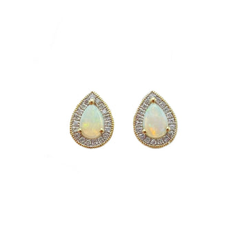 9ct Yellow Gold Pear Shaped Opal and Diamond Earrings