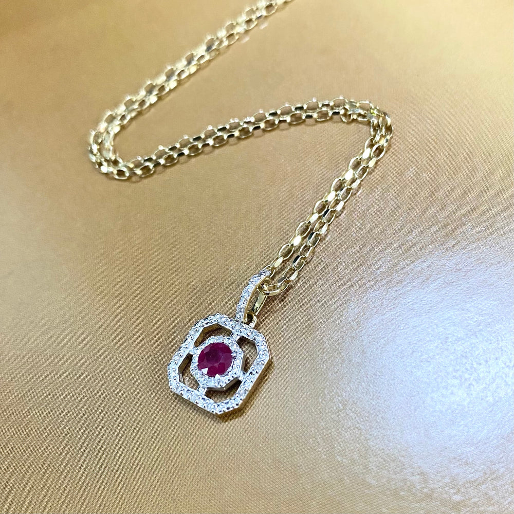 9ct Yellow Gold, Diamond and Ruby Pendant and Chain