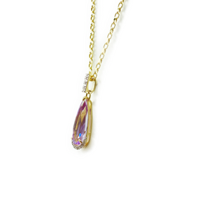 Elongated Pink Amethyst Teardrop Pendant With Diamonds On a Yellow Gold Diamond Cut Belcher Chain