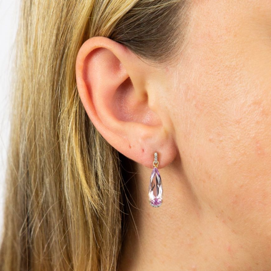 9ct Yellow Gold Pink Amethyst and Diamond Teardrop Earrings