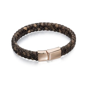 Fred Bennett Stainless Steel Wide Plaited Brown Leather Bracelet