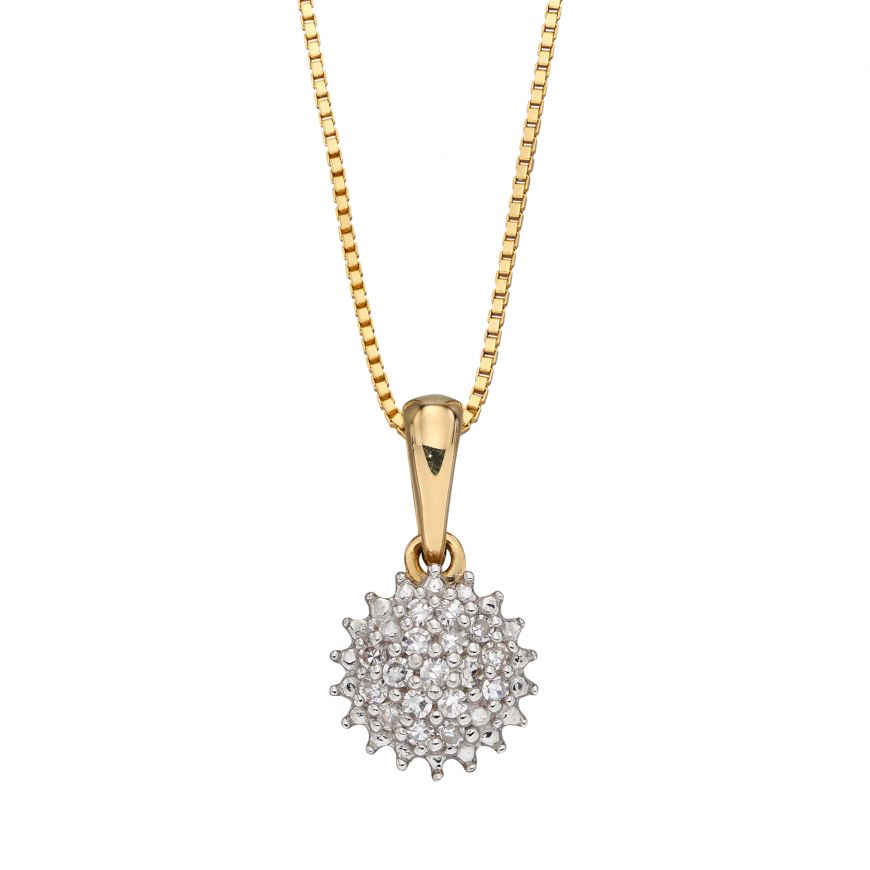 9ct Yellow Gold and Diamond Cluster Urchin Pendant and Chain
