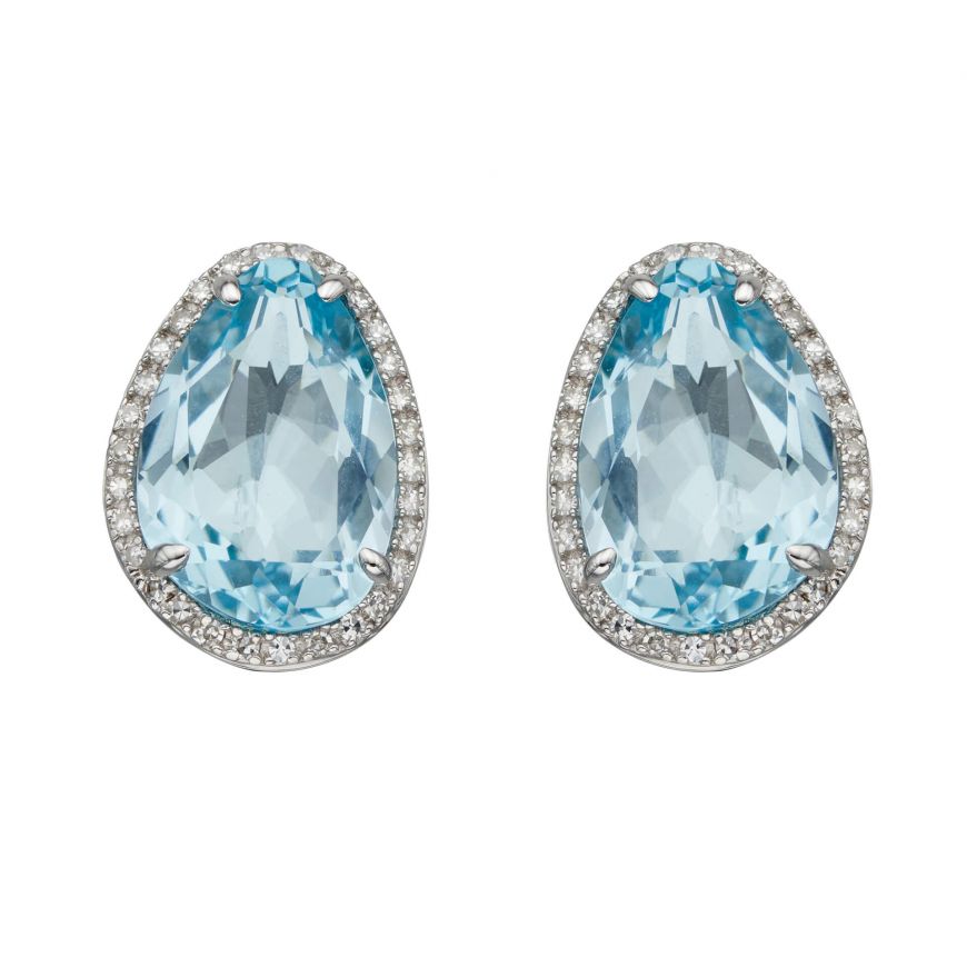 9ct White Gold, Blue Topaz and Diamond Stud Earrings