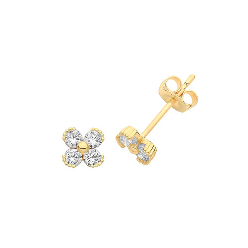 9ct Yellow Gold CZ Flower Stud Earrings