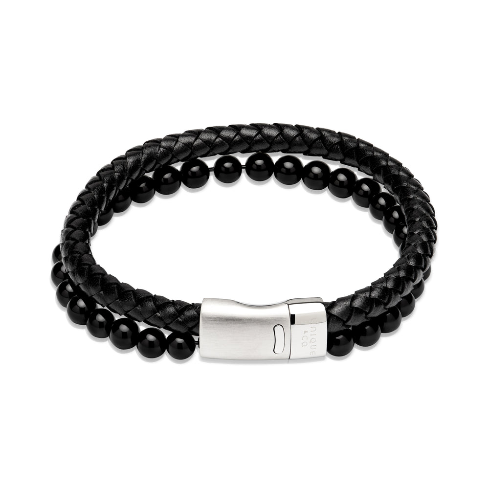 Unique & Co | Black Leather Bracelet with Black Onyx and Steel Magnetic Clasp
