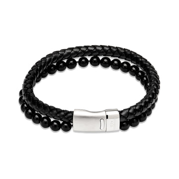 Unique & Co | Black Leather Bracelet with Black Onyx and Steel Magnetic Clasp