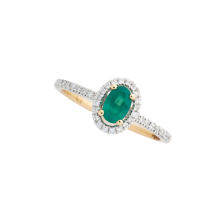 9ct Yellow Gold Oval Diamond & Emerald Ring