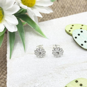 Clear Crystal White Enamel Daisy Flower Stud Earrings