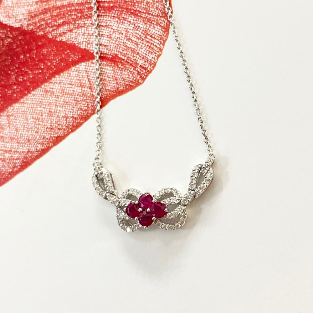18ct White Gold, Ruby and Diamond Flower Necklace - Maudes The Jewellers