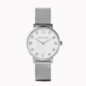 Coeur De Lion Watch | Round Mother of Pearl Milanaise Stainless Steel Silver