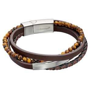 Fred Bennett | Multi Row Recycled Brown Leather Bracelet with Tigers Eye Beads