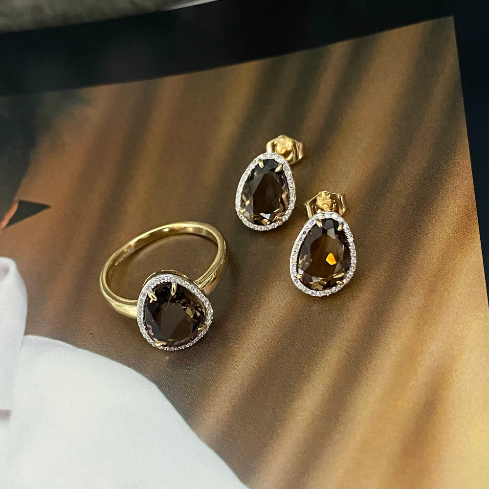 9ct Yellow Gold Irregular Shaped Smoky Quartz Ring With Diamonds