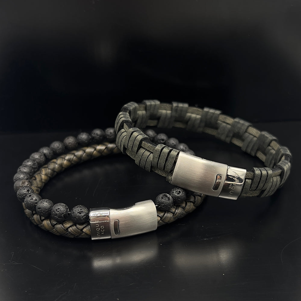 Unique & Co | Antique Black Leather Bracelet with Lava Stones