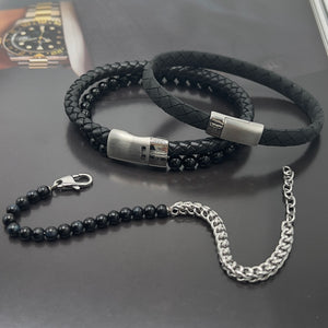 Unique & Co | Black Leather Bracelet with Black Onyx and Steel Magnetic Clasp